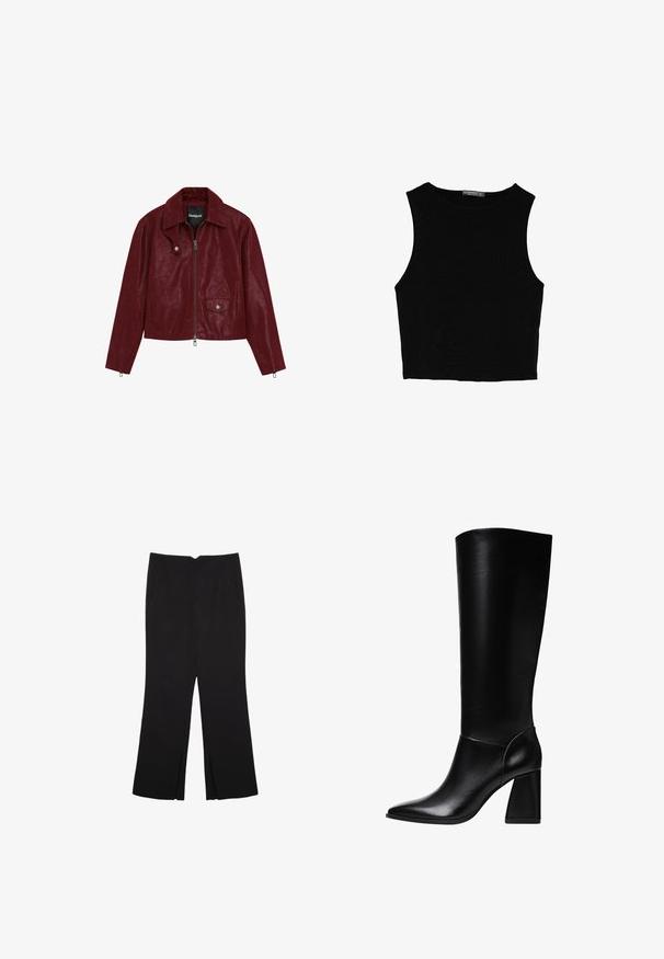 Veste en cuir bourgogne avec un col pointu, fermeture éclair à l'avant, poches latérales et finition texturée. Dotée d'accents en métal argenté.; Top court sans manches noir en tissu lisse, avec un col rond et un design épuré, simple, sans motifs ni accessoires.; Pantalon noir avec une coupe droite, doté de poches avant et d'éclairs sur l'ourlet. Fabriqué en tissu doux et lisse. Convient à diverses occasions.; Stradivarius Bottes à talons hauts - black