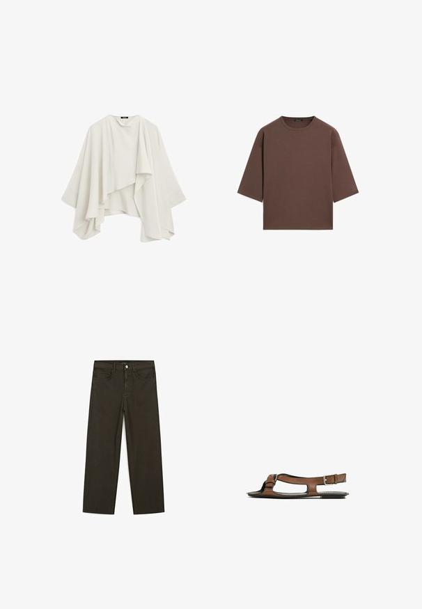 Witte, vloeiende, gelaagde kimono-stijl top met brede mouwen, met een gedrapeerd ontwerp en een zachte, gestructureerde stof. Geen sluitingen zichtbaar.; Bruine cropped t-shirt met een ronde halslijn, korte mouwen en een zachte textuur. Ontworpen met een losse pasvorm en minimale details.; Donkergroene wijde jeans van een katoenmix, met een sluiting met een voorste knop, vijf zakken en klassieke denimstiksels.; Bruine leren sandaal met een open teen en zijuitsparingen. Voorzien van een enkelband met een metalen gesp en een platte zool.