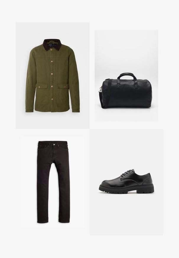 INDICODE JEANS Light jacket - olive; Black turtleneck sweater made of soft material, featuring long sleeves and a snug fit. Ribbed trim at the hem and cuffs. Simple design.; Black slim-fit jeans with five pockets and button closure, displayed flat on a white background.; Black leather shoes with a rounded toe, lace-up design, and a thick, textured rubber sole. Features stitching along the edge and a smooth finish.; Black duffel bag made of textured synthetic material. Features two handles and an adjustable shoulder strap. Simple design with no visible patterns.