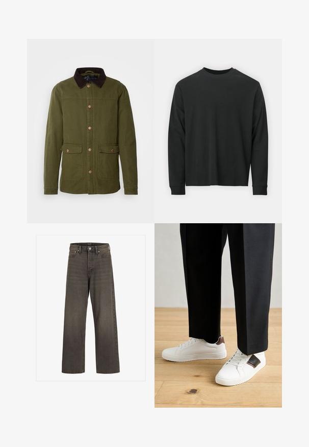 INDICODE JEANS Veste mi-saison - olive; T-shirt noir à manches longues en coton, avec un col rond, une coupe ample et des poignets côtelés. Texture lisse sans motifs visibles.; Jean large en denim gris foncé, avec une taille haute, un design classique à cinq poches et des coutures contrastantes le long des coutures.; Des sneakers blanches au texture lisse, avec des accents en cuir marron et des détails noirs, assorties à un pantalon noir ajusté. Fond en parquet.