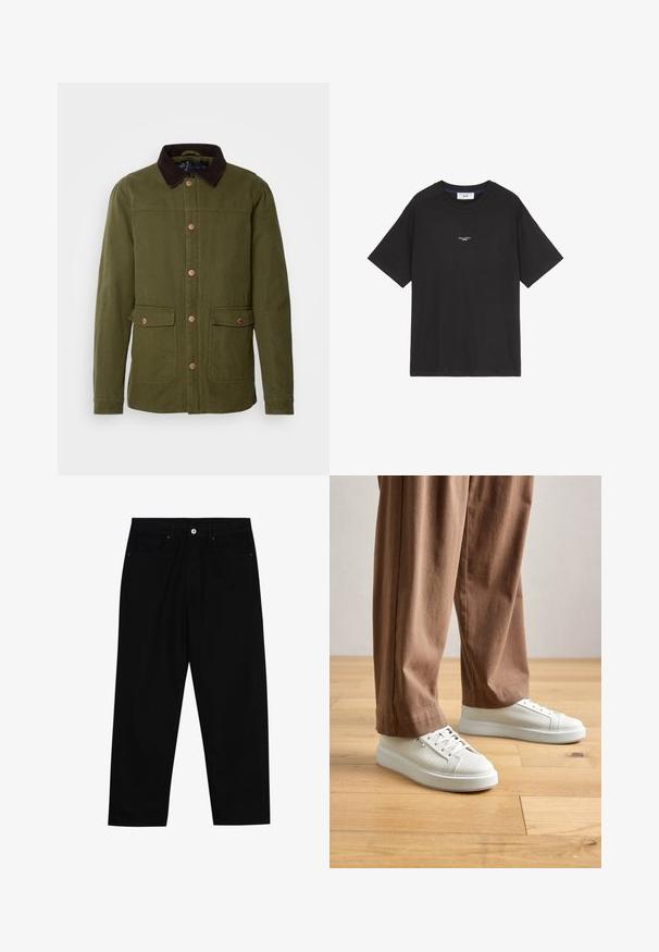 INDICODE JEANS Viegla jaka - olive; Melnas kokvilnas T-krekls ar apaļu kaklu un īsām piedurknēm. Priekšā ir neliels balts logotipa izsistums. Vienkāršs dizains, brīvs piegriezums.; Melni džinsi ar taisnu kāju griezumu, piecu kabatu dizainu un priekšēju pogu aizdari. Gluda tekstūra ar minimālu šuvju detaļu skaitu.; Cilvēks valkā baltas teksturētas zemās kedas un brīvus brūnus šortus, stāv gaismas koka grīdā.