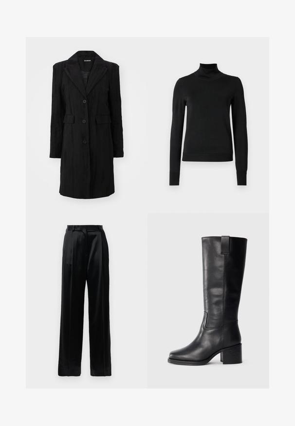 Fekete hosszú kabát, amely jellemzője a csúcsos hajtóka, három gombos zárás, két elülső zseb és egy texturált anyag függőleges csíkokkal.; Fekete, hosszú ujjú garbós pulóver bordás mandzsettákkal és aljjal, sima fehér háttér előtt bemutatva.; Fekete magas derekú selyem nadrág, egyenes, széles lábakkal, övhurkokkal és lapos elülső záródással, sima fehér háttér előtt.; Fekete bőr, térd fölé érő csizmák sima textúrával, négyzetes orral, tömbsarkúval és oldalsó húzófüllel, minimális varrási részletekkel.