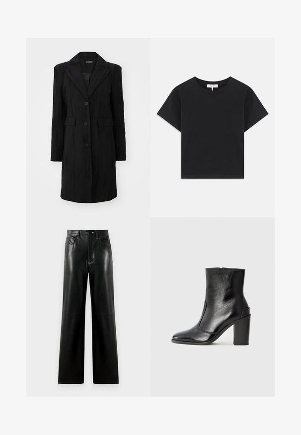 Juodas ilgas paltas su iškarpytomis apykaklėmis, trijų mygtukų uždarymu, dviem priekinėmis kišenėmis ir tekstūruota medžiaga su vertikaliomis linijomis.; Juodas trumpas medvilninis marškinėliai su apvaliu iškirpimu, trumpomis rankovėmis ir paprastu dizainu be raštų ar puošmenų.; Juodos odinės plačios kelnės su lygia apdaila, su mygtuku ir užtrauktuku, priekinėmis kišenėmis ir kontrastingais siuvinėjimo akcentais.; Juodas odinis kulkšninis batas su lygiu paviršiumi, smailiu pirštu ir masyviu aukštu kulnu. Savybė - šoninis atidarymas ir minimalistiškas dizainas.