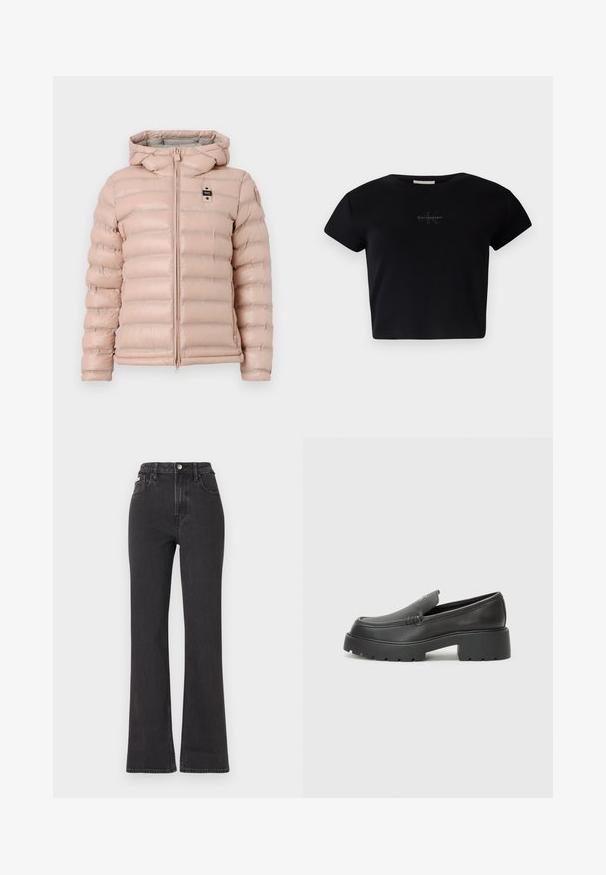 Light pink puffer jacket with a hood, featuring horizontal quilted sections, a front zipper, and a small logo on the left chest.; Black ribbed short-sleeve crop top made of soft material, featuring a subtle Calvin Klein logo in the center. Simple, classic design.; Black high-waisted flared jeans made of denim, featuring a button closure, belt loops, and side pockets. Smooth texture with minimal fading.; Black leather loafers with a rounded toe, thick textured sole, and minimal stitching details. Sleek design with no visible laces or hardware.