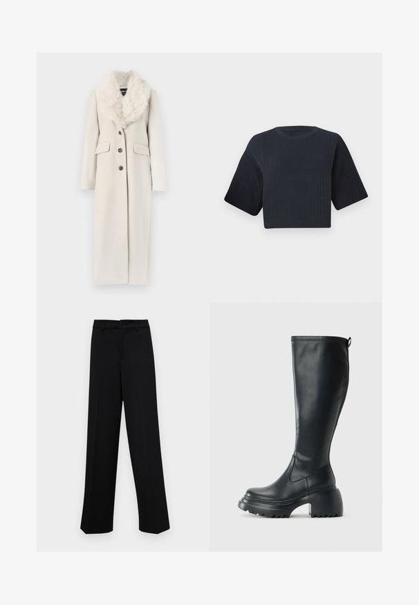 Abrigo largo de color crema con cuello de piel sintética, diseño de un solo botón, cuatro botones y dos bolsillos frontales. Textura de tejido suave.; Suéter de punto corto en navy oscuro con textura acanalada, mangas cortas y anchas, y escote redondo. Diseño simple, sin patrones o acentos visibles.; Pantalones de pierna ancha negros, hechos de un tejido suave, con una cintura clásica que incluye un cierre de botón y pliegues frontales.; Bota alta de cuero negro con suela de plataforma gruesa y tacón cuadrado, que cuenta con una lengüeta y un relieve texturizado en la suela exterior.