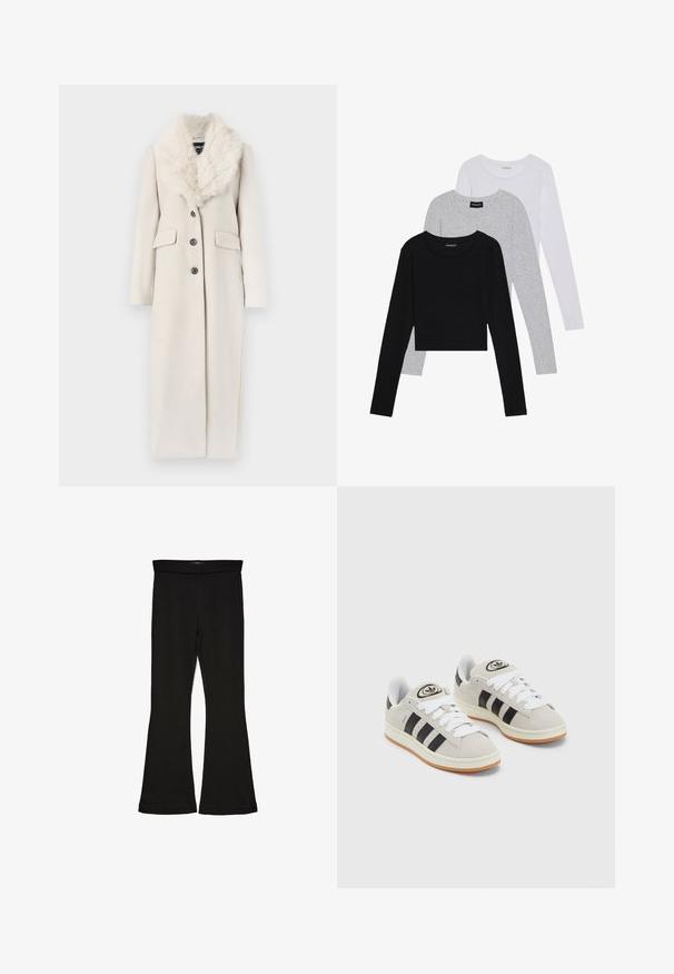 Ilgas, kreminės spalvos paltas su dirbtinio kailio apykakle, vieno užsegimo dizainas, keturi mygtukai ir dvi priekinės kišenės. Lygaus audinio tekstūra.; Trijų ilgomis rankovėmis marškinėlių krūva: juodas, pilkas ir baltas. Kiekvienas turi apvalų iškirpimą ir trumpą dizainą, pagamintas iš lygaus, lengvo audinio.; Juodos flared tipo legginsai, pagaminti iš tamprios medžiagos. Yra platus juosmuo ir lygus paviršius, su prie kūno priglundančiu siluetu, kuris pločiasi ties apatine dalimi.; Grynos zomšos sneakeriai su baltais raišteliais, juodomis juostelėmis ir balta gumine sole. Turintys apskritą logotipą ant liežuvėlio ir guminę sole.