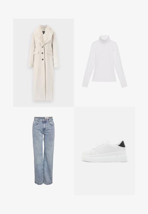 Pikk, koorevärvi mantel kunstkarvaga kraega, üksiknuputusega disain, neli nuppu ja kaks eesmist taskut. Ühtlane kangastekstuuri.; Valge pikkade varrukate turtleneck-särk, mis on valmistatud siledast ja venivast kangast. Omab kõrget kraed ja keha lähedast lõiget, ilma nähtavate mustrite või kaunistusteta.; Heledad sinine laia jalaeest, valmistatud denimist, kõrge vöökohaga, viie tasku disainiga ja kerge tuhmumisega, mis annab kulunud välimuse.; Valged platvormsneakerid, mis on valmistatud siledast sünteetilisest materjalist, ovaalse toe, paelkinnise disaini ja tekstuurse kummitaldiga. Must kontsrihm.