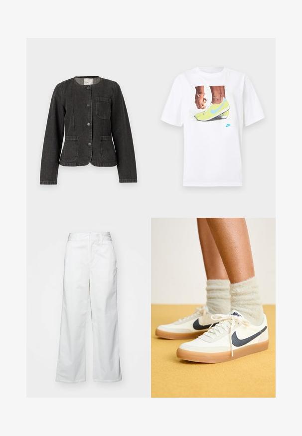 Črna kavbojka jakna z okroglim izrezom, zapiranjem na gumbe spredaj, dvema sprednjima žepoma in diskretnimi šivi. Dolgi rokavi s prilegajočim dizajnom.; Bela bombažna majica s potiskom nog v rumenih Nike kopačkah z modrimi dodatki, dopolnjena z zapestnico na levi roki.; Bele hlače širokega kroja iz bombaža, z gladko teksturo, pravim fitom, sprednjimi žepi in čistim robom.; Bele tene čevlje Nike z mornarsko modrim znakonom, teksturirano blago, bele vezalke in gumijast podplat, v kombinaciji z kosmatimi svetlo zelenimi nogavicami. Rumena ozadje.