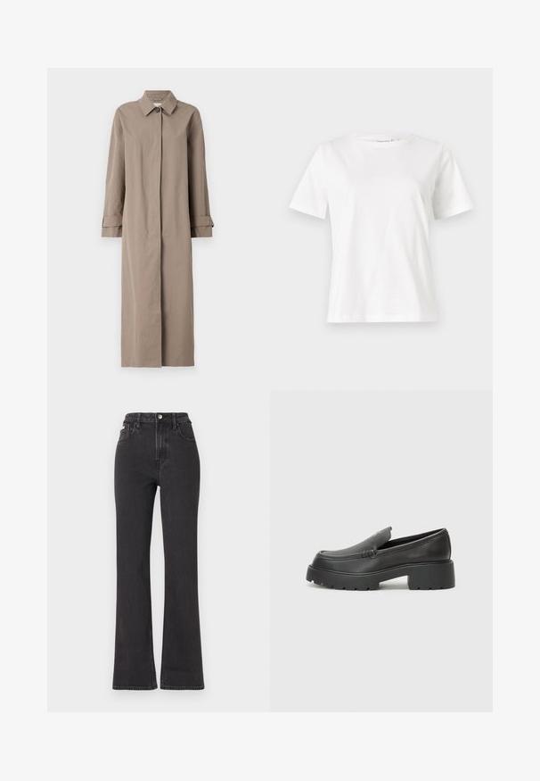 Pikk beež mantel tekstuursed kangast, millel on krae, nööpide sulgemine ja mansetiga varrukad. Minimalistlik disain, sirge siluett.; Valge puuvillane T-särk lühikeste varrukatega, ümmarguse kaelusega ja vabalt istuv. Sile tekstuur, ilma mustrite ja aktsentideta, minimalistik disain.; Mustad kõrge vöökohaga laienevad teksapüksid, mis on valmistatud denimist, varustatud nööbiga kinnitamise, vöörihmade ja küljetaskutega. Sile tekstuur minimaalse pleekimisega.; Mustad nahast loafers ümarate varvastega, paksu tekstuuriga tald ja minimaalsete õmbluse detailidega. Viimistletud disain, kus pole nähtavaid paelu ega riistu.