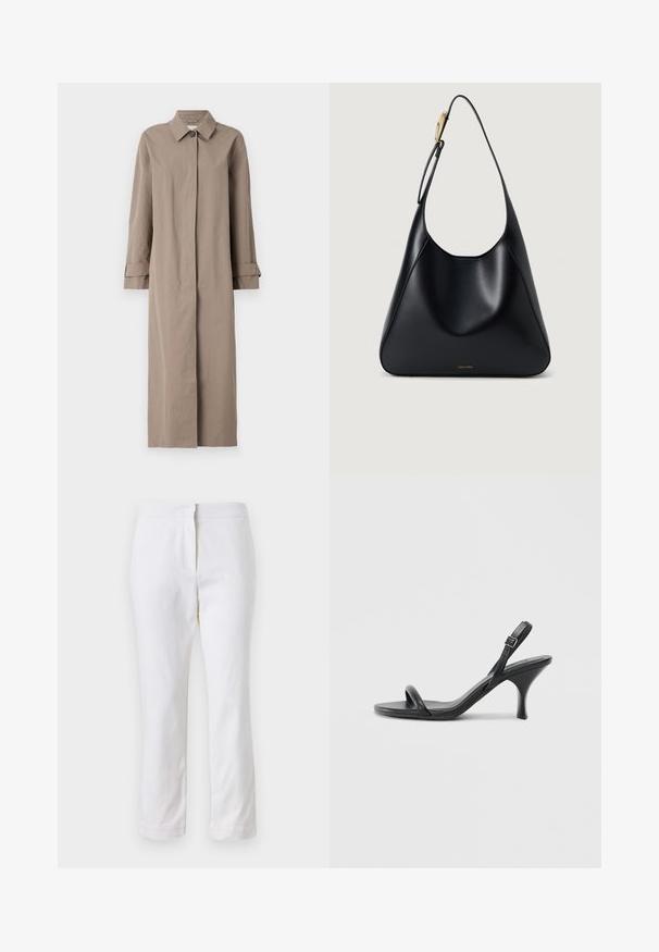 Pikk beež mantel tekstuursed kangast, millel on krae, nööpide sulgemine ja mansetiga varrukad. Minimalistlik disain, sirge siluett.; Valge lühikeste laiadte varrukatega lühike T-särk, pehme puuvillane materjal, ümar kaelus kergelt oranži ääristusega, minimaalne disain, ilma mustrite ja graafikateta.; Valged puuvillased püksid sirge lõikega, keskmise kõrgusega vöökoht ja ilma nähtavate detailide või mustriteta. Ühtlane sile tekstuur.; Mustad nahast kõrgete kontsadega sandaalid, millel on saledad, kõverad kontsad ja ristatud rihma disain. Reguleeritav pahkluu rihm. Sile tekstuur.; Must mustriba mustkott, millel on sile tekstuur, kõver siluett ja kuldne riistvara aksent. Omab reljeefset brändilogo alusel.