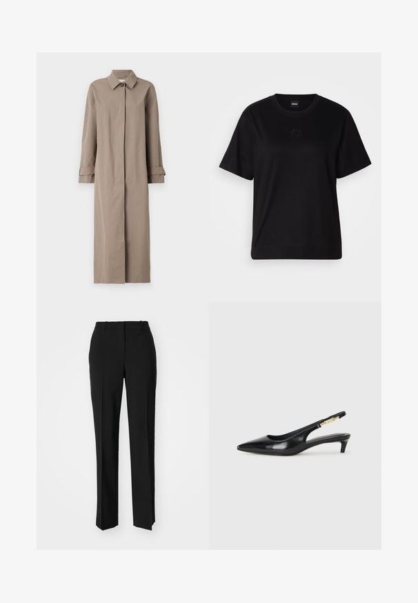 Pitkä beige takki, joka on valmistettu teksturoidusta kankaasta, ja siinä on kaulus, napitus sekä hihansuut, joissa on käänteet. Minimalistinen muotoilu suoran siluetin kanssa.; Musta puuvillapaita, jossa on pyöreä kaula-aukko, lyhyet hihat ja brodeerattu logo rinnassa. Yksinkertainen, rento istuvuus ilman kuvioita.; Mustat räätälöidyt housut suoraa lahjetta, joissa on sileä pinta ja terävät taitteet edessä. Ei näkyvää metalliosaa.; Mustat nahkaiset slingback-korkokengät, joissa on terävä kärki, ohuet korot ja kultasävytteinen yksityiskohta säädettävässä hihnassa. Silkkinen pinta.