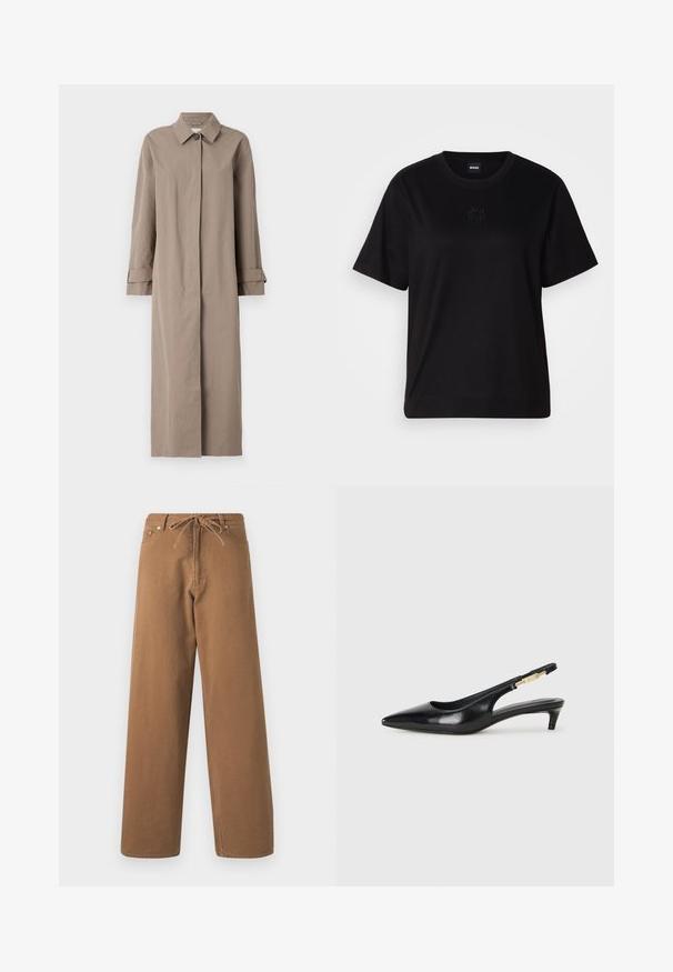 Casaco longo bege feito de tecido texturizado, apresentando um colarinho, fecho de botão e mangas com punho. Design minimalista com silhueta reta.; T-shirt de algodão preto com decote redondo, mangas curtas e um logótipo bordado no peito. Corte simples e descontraído, sem padrões.; Calças largas castanhas feitas de algodão, com uma cintura ajustável por cordão e dois bolsos frontais. Tecido texturizado com um acabamento suave.; Saltos slingback em couro preto com bico fino, apresentando um salto esguio e um detalhe em tom dourado na alça ajustável. Textura suave.