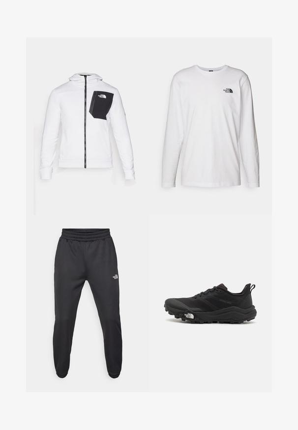 The North Face Fleecejacke - white/black; Weißes langärmliges T-Shirt aus Baumwolle mit Rundhalsausschnitt. Verfügt über ein kleines schwarzes Logo auf der Brust. Glatte Textur, reguläre Passform.; Schwarze Jogginghose mit verstellbarem Bund, schlanker Passform, elastischen Bündchen und einem kleinen weißen Logo am linken Oberschenkel, hergestellt aus glattem Stoff.; Schwarzer Trailrunning-Schuh mit strukturiertem Obermaterial, Gummisohle und verstärkter Zehenkappe. Verfügt über einen gepolsterten Kragen und eine Ziehlasche für einfaches Anziehen.