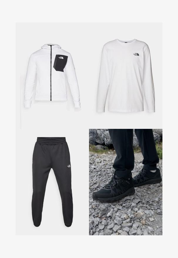 The North Face - Kurtka z polaru; Biała koszulka z długim rękawem wykonana z bawełny, z okrągłym dekoltem. Posiada małe czarne logo na piersi. Gładka faktura, regularny krój.; Czarne dresy z elastycznym paskiem w talii, zwężanym krojem, elastycznymi mankietami i małym białym logo na lewej udzie, wykonane z gładkiego materiału.; Czarne buty outdoorowe wykonane z siateczki i materiału syntetycznego, z fakturowaną cholewką, zabezpieczonym systemem sznurowania i solidną podeszwą, na skalistym terenie.