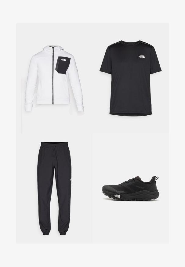 The North Face Fleecejakke - white/black; Svart kortermet T-skjorte laget av lett materiale. Har en liten hvit logo på venstre bryst og subtile skulderdetaljer.; Sorte idrettsbukser laget av lett stoff, med snor i livet, sidelommer og smale mansjetter ved anklene.; Svart terrengløpesko med teksturert overdel, gummisåle og forsterket tåhette. Har polstret krage og løftestropp for enkel påkledning.