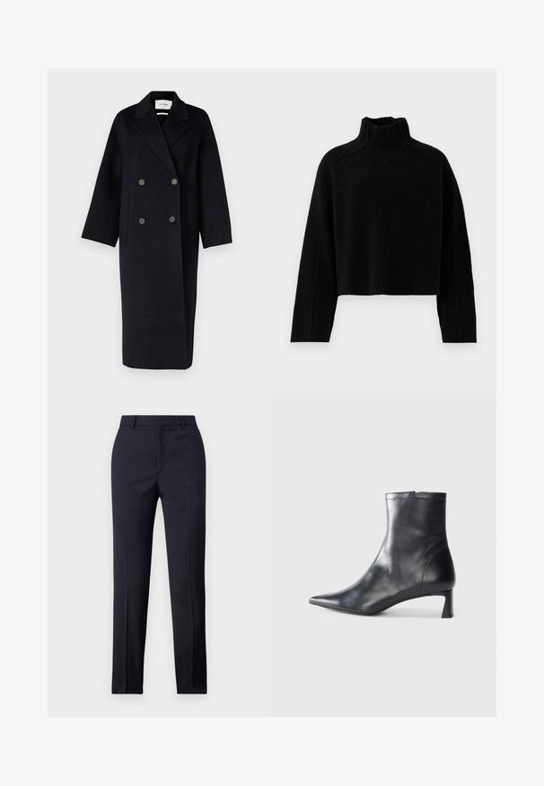 IVY OAK CLARA - Klassikaline mantel - navy blue; Mustritud must knit-sviiter kõrge kaelusega ja lühendatud disainiga, millel on pikad varrukad ja tekstuuriga viimistlus.; Tumed kohandatud püksid sirge lõikega, millel on sile tekstuur, kaks esist taskut ja puhas vöökoht.; Mustad mustall nahkasaabas terava nina ja stiilse disainiga. Omab madalat konts ja luku sulgemist taga. Sile tekstuur.