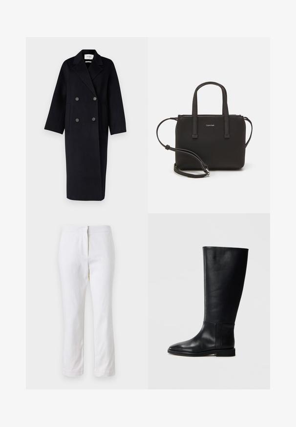 IVY OAK CLARA - Cappotto classico - navy blue; T-shirt in cotone nero con scollo a V e maniche corte. Design semplice con vestibilità regolare, senza motivi o dettagli.; Pantaloni bianchi in cotone con design a gamba dritta, caratterizzati da una vita a media altezza e senza hardware o motivi visibili. Tessuto liscio su tutta la superficie.; Stivale in pelle nera al ginocchio con punta arrotondata, texture liscia, design minimalista e suola piatta. Dettagli di cucitura semplici sulla gamba.; Borsa nera con doppi manici corti e tracolla removibile. Materiale simile alla pelle liscia con chiusura a zip e dettaglio del logo.