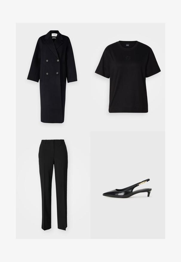 IVY OAK CLARA - Κλασικό παλτό - navy blue; Μαύρο βαμβακερό μπλουζάκι με στρογγυλή λαιμόκοψη, κοντά μανίκια και κεντημένο λογότυπο στο στήθος. Απλή, χαλαρή γραμμή χωρίς σχέδια.; Μαύρο παντελόνι με ραφή που έχει σχεδιασμό ίσιας γραμμής, διαθέτει λεία υφή και καθαρές πτυχώσεις κατά μήκος της μπροστινής πλευράς. Χωρίς ορατό μεταλλικό υλικό.; Μαύρες δερμάτινες γόβες slingback με μυτερή μύτη, διαθέτοντας λεπτό τακούνι και χρυσή λεπτομέρεια στην ρυθμιζόμενη λωρίδα. Λείος υφές.