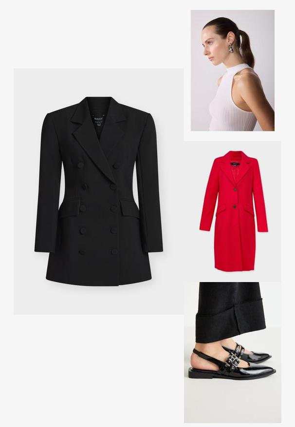 Vero Moda Tall VMFORTUNESARA LONG COAT - Classic coat - salsa; Black double-breasted blazer featuring a tailored design, notched lapels, two front pockets, and round fabric buttons for accents.; RAID DINKY - Ankle strap ballet pumps - black; Zign LEATHER - Handbag - dark red; Silver teardrop earrings with rounded accents, set against a model wearing a white ribbed sleeveless top, showcasing a smooth texture.