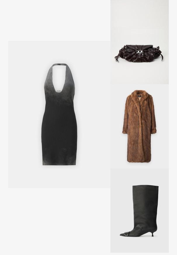 Bruine nep bontjas met een pluche, gestructureerd oppervlak. Het heeft een sjaalkraag en een open ontwerp, reikt tot op de knie en heeft lange mouwen.; Geribbelde halterjurk in gradiënt zwart, met een diepe V-hals en een zilveren hardwareaccent bij de halslijn. Glad textuur.; Zwarte leren enkelboot met een spitse neus, een kleine hak en metalen accentdetails op de neus. Gladde, matte textuur overal.; Donkerbruine leren clutch met geplooide details en een centraal sluiting van zilverkleurig metaal, vergezeld van een dunne verstelbare schouderband.