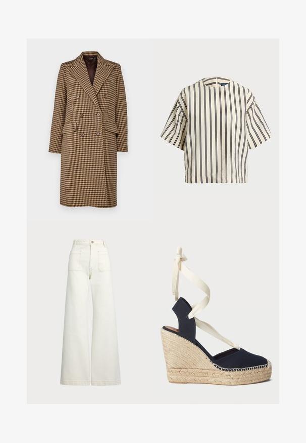 Lauren Ralph Lauren DOUBLE BREASTED HOUNDSTOOTH COAT - Classic coat - brown/tan; Short-sleeve, striped top in cream and navy, featuring a round neckline and boxy design with a textured fabric.; Wide-leg jeans in off-white denim. High-waisted design with a button closure, two front pockets, and contrast stitching details.; Navy canvas wedge sandal with an espadrille rope outsole and cream ribbon ties at the ankle. Closed heel and round toe design.