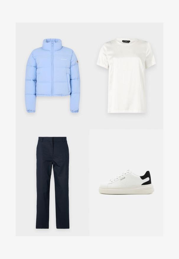 Lyseblå cropped puffer-jakke med høy krage, frontglidelås, kviltet tekstur og brodert logo på brystet.; Hvit kortermet t-skjorte i glatt, skinnende stoff med rund hals. Har en subtil glans og minimalistisk design.; Marineblå bukser med rett ben-design, laget av et glatt stoff, med flat front og beltehemper. Ingen synlige mønstre eller detaljer.; Hvite lær sneakers med tykk hvit såle, svart semsket hælforsterkning og preget logo på siden. Snøresystem med seks hull.
