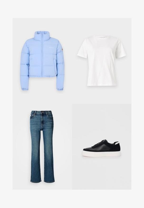 Ανοιχτό μπλε κοντό πούφ πλευρικό μπουφάν με ψηλό γιακά, μπροστινό φερμουάρ, ανάγλυφη υφή και κεντητό λογότυπο στο στήθος.; Λευκό βαμβακερό μπλουζάκι με κοντά μανίκια, στρογγυλή λαιμόκοψη και άνετη εφαρμογή. Λείο υφασμάτινο, χωρίς σχέδια ή αξεσουάρ, μινιμαλιστικός σχεδιασμός.; Τζιν ψηλής μέσης σε μπλε χρώμα από τζιν ύφασμα, με ευθεία γραμμή, διακριτική ατραξιόν και κανονικό κλείσιμο με κουμπί και φερμουάρ.; Μαύρο αθλητικό παπούτσι με λείο δέρμα και σουέτ πάνελ, επίπεδα κορδόνια, στρογγυλή μύτη και λευκή καουτσούκ σόλα. Διακριτό λογότυπο στη φτέρνα.