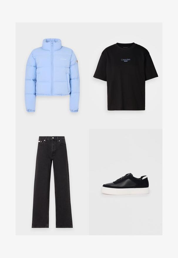 Světle modrá zkrácená péřová bunda s vysokým límcem, předním zipem, prošívanou texturou a vyšitým logem na hrudi.; Černé bavlněné tričko s kulatým výstřihem a krátkými rukávy, s modrou vyšitou nášivkou "Calvin Klein JEANS" na přední straně.; Černé široké jeansy vyrobené z denimu, s vysokým pasem, pěti kapsami a kovovým zapínáním s kontrastním prošíváním.; Černé sneakersy s hladkou kůží a semišovými panely, plochými šňůrkami, zaoblenou špičkou a bílou gumovou podrážkou. Výrazné logo na patě.