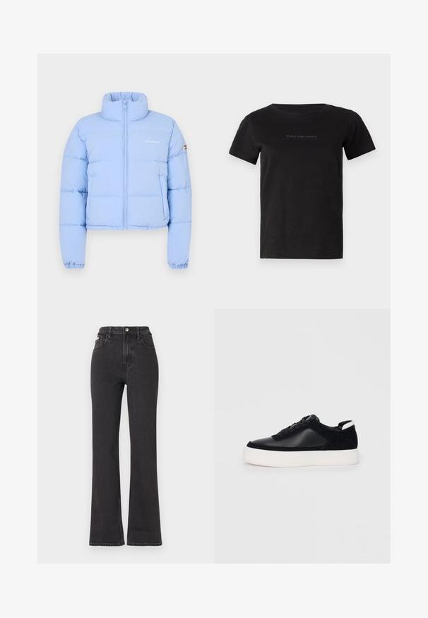 Šviesiai mėlynas trumpas pūkinis džemperis su aukštu apykakle, priekiniais užtrauktukais, siuvinėtu paviršiumi ir įsiūtu logotipu ant krūtinės.; Juodas medvilninis marškinėliai su apvaliu iškirpimu ir trumpomis rankovėmis. Turi subtilų pilkos spalvos logotipą krūtinės srityje.; Juodi aukštu liemeniu platėjantys džinsai, pagaminti iš džinsinio audinio, su mygtuko uždarymu, diržo kilpomis ir šoninėmis kišenėmis. Lygus paviršius su minimaliais išblukimais.; Juodi sportbačiai su lygiu oda ir zomšinėmis detalėmis, plokščiomis raišteliais, apvaliu walko ir balta guma iš baze. Išskirtinė logotipas ant kulno.