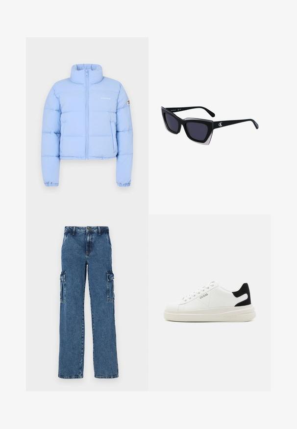 Heledsinine lühike puhvjakate kõrge kraega, esi tõmblukuga, tikitud tekstuuriga ja rinna peal embroidered logo.; Puuvillane T-särk horisontaalsete tumesiniste triipudega valgel taustal. Rinnal on kiri "Tommy Hilfiger" kantud kursiivis. Ümmargune kaelus.; Sinine denimist cargo püksid lõdva istumisega, millel on kaks küljetaskut, tugevdatud õmblused ja sirge jala disain.; Valged nahast tennisetossud paksu valge tallaga, musta sametist kontsakeeuga ja külje peal riigilogo reljeefne kujundus. Lukkeskeem kuue silmaauguga.; Mustad suured mustad prillid geomeetrilise kujuga, tumedate läätsedega ja kontrastse halli detailiga raamidel. Logo käe peal.