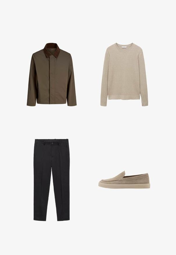 Brun tygjacka med en mörkbrun kordflöjelskrage, med raka linjer, långa ärmar och en framknäppning utan synlig hårdvara.; Beige ribbad stickad tröja med långa ärmar, rund halsringning och avskuren nederkant. Tyget verkar mjukt med ett texturerat mönster.; Svarta skräddarsydda byxor i slätt tyg, med slät front, bältesöglor och sidofickor. Rakt snitt på benen.; Beiga mockasiner i mocka med rund tå, låg profil och texturerad yta. Har subtila sömdetaljer längs ovansidan.