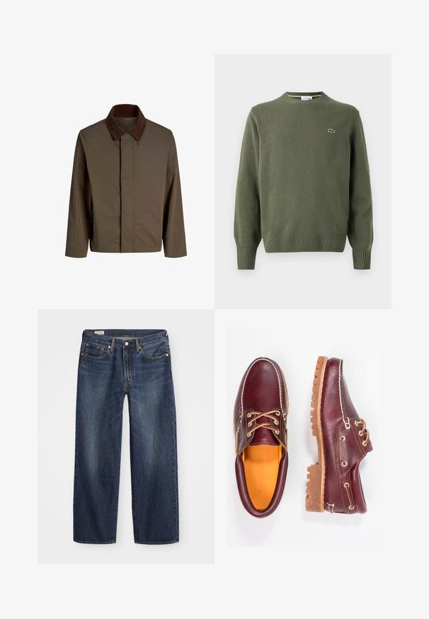 Bruine stoffen jas met een donkerbruine corduroy kraag, met een rechte snit, lange mouwen en een sluiting aan de voorkant zonder zichtbare bevestigingen.; Olijfgroene gebreide trui met een ronde hals, geribde manchetten en zoom, met een klein geborduurd logo op de linkerborst.; Donkerblauwe spijkerbroek met een rechte pijp, vijf zakken, metalen knoop en rits, en subtiele wassingpatronen.; Bordeaux leren schoenen met bruine rubberen zolen, ronde neus, witte stiksels en gouden veterogen. Het interieur heeft een gele voering.