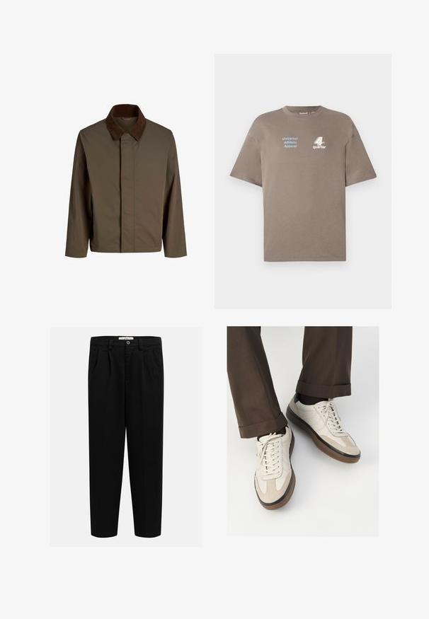 Chaqueta de tela marrón con un cuello de pana marrón oscuro, con corte recto, mangas largas y un cierre frontal sin herrajes visibles.; Camiseta de algodón marrón con cuello redondo. Presenta el texto azul "Universal Athletic Apparel" y el logo blanco "4th quarter" en la parte delantera. Mangas cortas.; Pantalones negros hechos de una tela suave, con un diseño de pierna recta, pliegues frontales y un cierre de botón en la cintura.; Zapatillas beige con un frente de ante texturizado, lados de cuero liso y suela de goma marrón. Incluyen cordones y un detalle de costura ligera.