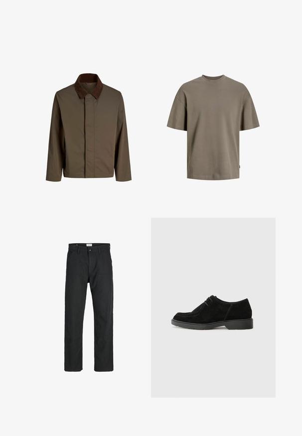 Rjav tkaninski plašč z temno rjavim žametu pri ovratniku, s pravim krojem, dolgimi rokavi in sprednjim zapiranjem brez vidne kovinske opreme.; Bombažna majica v utišani olivno zeleni barvi; ima okroglo vratno odprtino, kratke rokave in sproščen kroj z minimalnimi detajli šivanja.; Črne hlače iz trpežnega materiala, s krojem naravnih nog, našitki ter dvema sprednjima žepoma za funkcionalnost.; Črne semiš čevlje za posebne priložnosti z zaobljenim nosom, kontrastnim šivom in gumijastim podplatom. Imajo minimalistično vezanje in gladko zgornjo zasnovo.