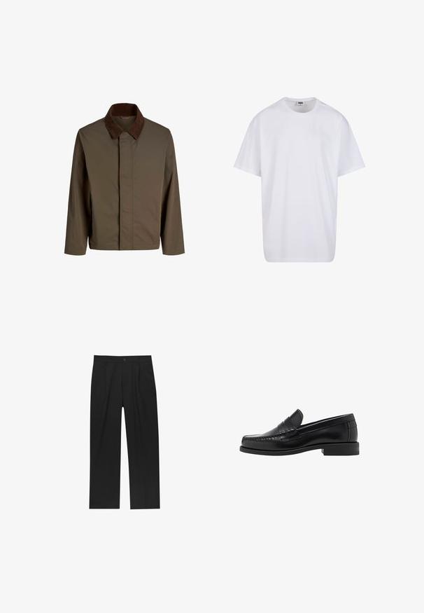 Giacca di stoffa marrone con colletto in corduroy marrone scuro, caratterizzata da un taglio dritto, maniche lunghe e una chiusura frontale senza hardware visibile.; Maglietta bianca in cotone con maniche corte, scollatura rotonda, vestibilità comoda e senza loghi o motivi visibili. Texture liscia e design minimale.; Pantaloni neri con un design a gamba dritta, realizzati in un tessuto liscio. Presentano pieghe frontali e una chiusura a un bottone in vita.; Mocassini in pelle nera con una finitura liscia, dettagli cuciti sulla punta e un design a tacco basso per comfort e stile.