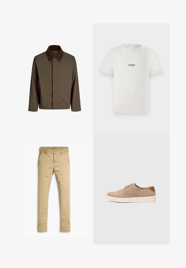 Giacca di stoffa marrone con colletto in corduroy marrone scuro, caratterizzata da un taglio dritto, maniche lunghe e una chiusura frontale senza hardware visibile.; T-shirt bianco in cotone con maniche corte, caratterizzato da un logo nero "JJ Studios" sul petto. Design con colletto tondo e vestibilità standard.; Chinos beige in cotone, con design a gamba dritta, tasche anteriori e posteriori, e chiusura con bottoni e passanti per cintura.; Sneaker in suede beige con punta arrotondata, stringhe davanti e un accento testurizzato sul retro. La suola in gomma bianca offre un contrasto. Design semplice e moderno.