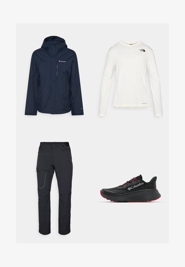 Columbia POURING ADVENTURE JACKET - Hardshell bunda - collegiate navy; Biela košeľa s dlhým rukávom a okrúhlym výstrihom, textúrovaná látka, čierne logo na ľavom pleci a nenápadné značkovanie na spodnej časti.; Čierne vonkajšie nohavice s vreckom na stehne so zipsom, elastickým pásom a hladkým, vodoodolným materiálom. Čistý dizajn bez viditeľných log. ; Čierna športová obuv s textúrovaným zvrškom, červenými šnúrkami a logom. Hrubá podrážka s vzorovaným dezénom pre trakciu. Minimalistický dizajn, bočný pohľad.
