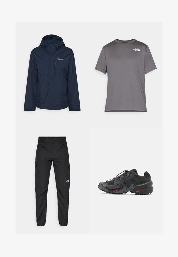 Columbia POURING ADVENTURE JACKET - Hardshell jacket - collegiate navy; Grå kortermet treningst-skjorte laget av glatt, lett stoff. Har en hvit logo på venstre brystområde. Rund halsdesign.; The North Face HORIZON PANT - Friluftsbukser - black; Svart løpesko med syntetisk overdel, teksturert design og kontrasterende røde detaljer. Har et sikkert snøresystem og robust såle.