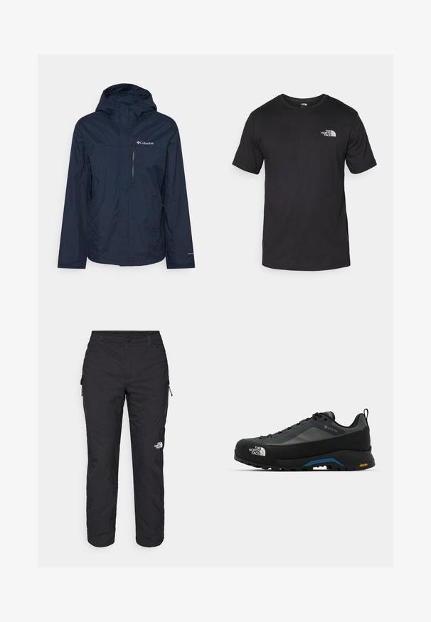 Columbia POURING ADVENTURE JACKET - Hardshell-jope - collegiate navy; Must have lühikeste varrukatega must T-särk, mis on valmistatud puuvillast, ümmarguse kaelusega ja väikese valge logoga vasakus ülanurgas.; The North Face WINTER EXPLORATION TAPERED CARGO - Õuepüksid - black; The North Face VERTO ALPINE GORE TEX - Matkajalatsid - asphalt grey/tnf black