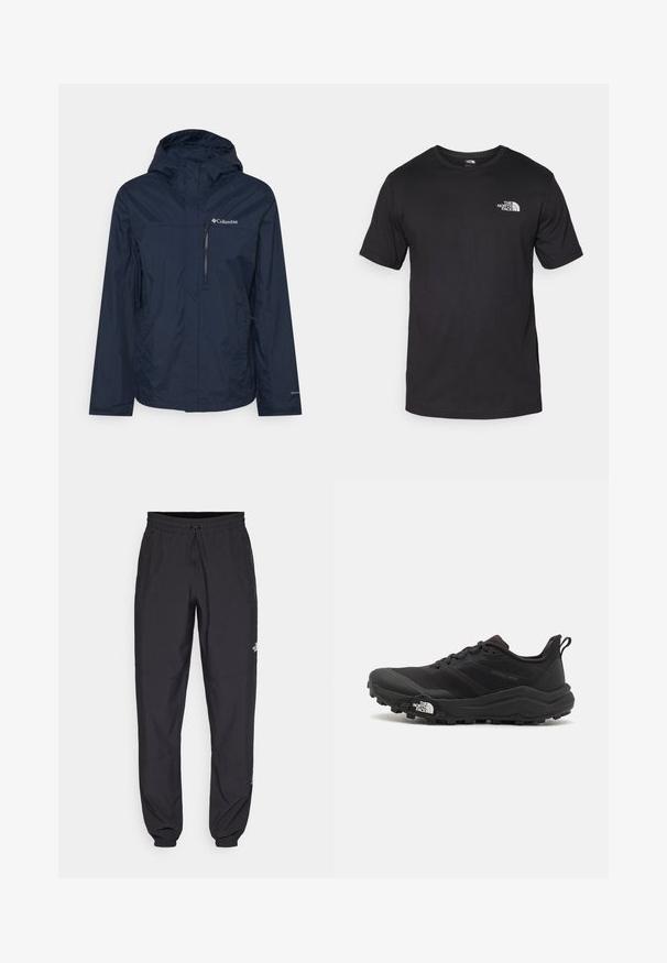 Columbia POURING ADVENTURE JACKET - Casaco impermeável - collegiate navy; T-shirt preto de manga curta feito de algodão, com um decote redondo e um pequeno logótipo branco na parte superior esquerda do peito.; Calças atléticas pretas feitas de tecido leve, com um cós ajustável por cordão, bolsos laterais e punhos afunilados nos tornozelos.; Sapatilha de trail running preta com um upper texturizado, sola de borracha e biqueira reforçada. Possui um colarinho acolchoado e uma alça para facilitar o calçar.