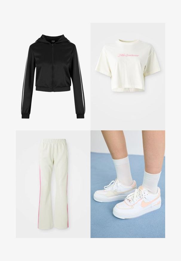Svart kort zip-up hettegenser med hette, med sølvfargede sidestriper og elastiske mansjetter, laget av et glatt, lett stoff.; Beskåret kremfarget t-skjorte laget av bomull. Har en rosa brodert logo med teksten "Nike Sportswear." Korte ermer og rund hals.; Lys beige bukser med elastisk linning, med rosa sidepaneler og sidelommer. Glatt tekstur med rett ben-design.; Hvite sneakers med ferskenfarge detaljer, glatt skinnoverdel, perforert tå, teksturert såle og snøring. Brukt med hvite ankelsokker på en blå overflate.