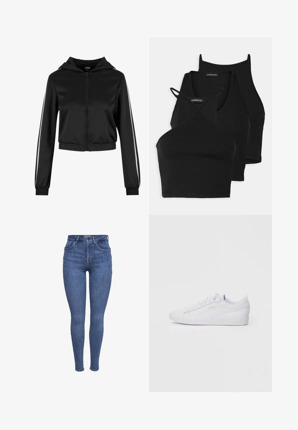 Melna krota kapucēta jaka ar rāvējslēdzēju, ar sudraba sānu svītrām un elastīgām piedurknēm, izgatavota no gludas, vieglas auduma.; Melnas īsās blūzes no mīksta, stiepjama auduma ar plānām siksnām un krustveida dizainu. Iekļauj apaļu kakla izgriezumu un bezšuvju apdari.; Zilas augstās jostas vietas šaurās bikses ar priekšējām kabatām, pogu, rāvējslēdzēja aizdari un jostu cilpiņām, izliktas uz baltā fona.; Baltās zemas Puma kedas ar šņorēšanu priekšpusē, diskrēta zīmola simbolika uz sāniem un zoles, kā arī gluda sintētiska virsma ikdienas valkāšanai.