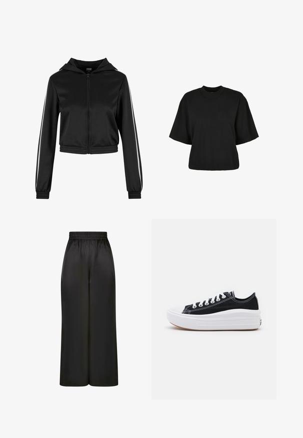 Must mustaga kapuutsiga lühikese varrukaga jope, millel on hõbedased külgtriibud ja elastsed mansetid, valmistatud siledast ja kergest kangast.; Must terav t-särk, mis on valmistatud puuvillast. Omab lühikesi varrukaid ja ümmargust kaelust. Sile tekstuur ja lihtne disain, ilma täiendavate mustriteta.; Mustad laiad püksid, mis on valmistatud siledast, läikivast kangast, millel on elastne vöökoht ja ilma nähtavate taskute või riistvara detailideta.; Mustad mustad kingad valgete paeltega, valge kummist varbakattega ja paksu valge vaheosaga. Omab diskreetset valget õmblust ja kummi talla.