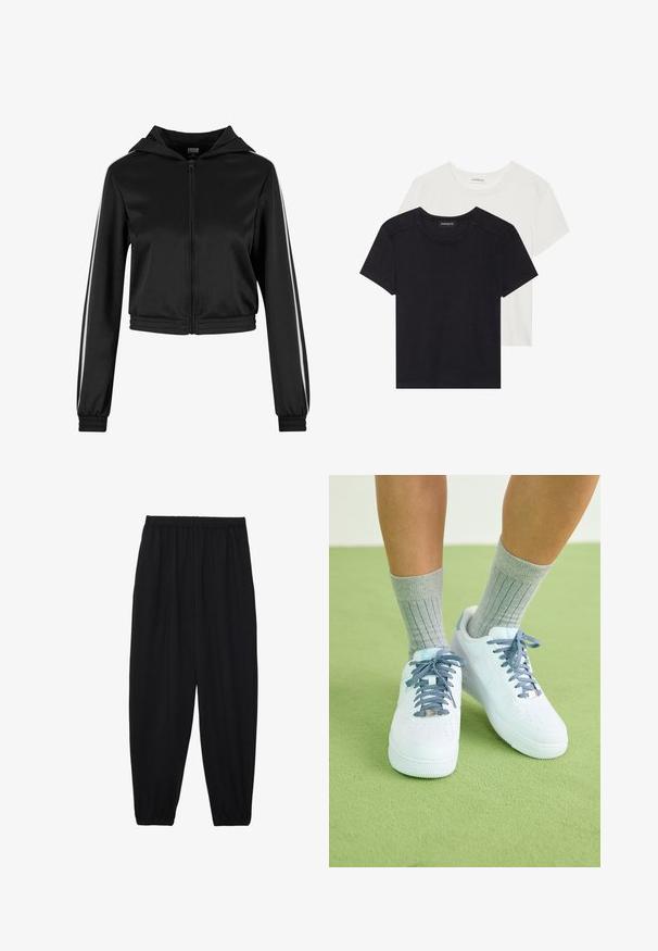 Must mustaga kapuutsiga lühikese varrukaga jope, millel on hõbedased külgtriibud ja elastsed mansetid, valmistatud siledast ja kergest kangast.; Kaks lühikeste varrukatega T-särki must ja valge. Valmistatud pehmest puuvillast, ümarat kaelust ja standardset sobivust, millel on minimaalne õmblemise detail.; Mustad, kerge kangas püksid elastse vöökoha ja kokku volditud pahkluudega. Kanga pind on sile ja disain on lõdvestunud, kitsenev.; Valged nahast tennisetooted siniste aktsentide ja augustatud varba disainiga, tekstuuriga sinivalged paelad, kantud hallide ribakudumitega sokkidega.