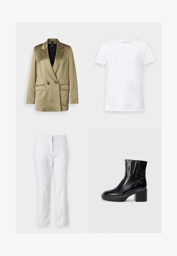 Oliivinvihreä kaksirivinen bleiseri, jossa on sileä tekstuuri, viiltopitsit, kaksi etutaskua ja mustat nappit. Vuorattu sisustus.; Valkoinen lyhythihainen t-paita, joka on valmistettu puuvillasta ja jossa on pyöreä kaula-aukko. Tasainen pinta ja suora leikkaus, ilman kuvioita tai koristeita.; Valkoiset puuvillahousut suoralla lahkeella, joissa on keskikorkea vyötärö ja ei näkyviä varusteita tai kuvioita. Ehjä pinta kauttaaltaan.; Musta patentoitu nahkasaappaat nilkkoihin, joissa on kaareva kärki, joustavat sivupaneelit ja paksu lohkoilut. Takana on kohokuvioitu logo.