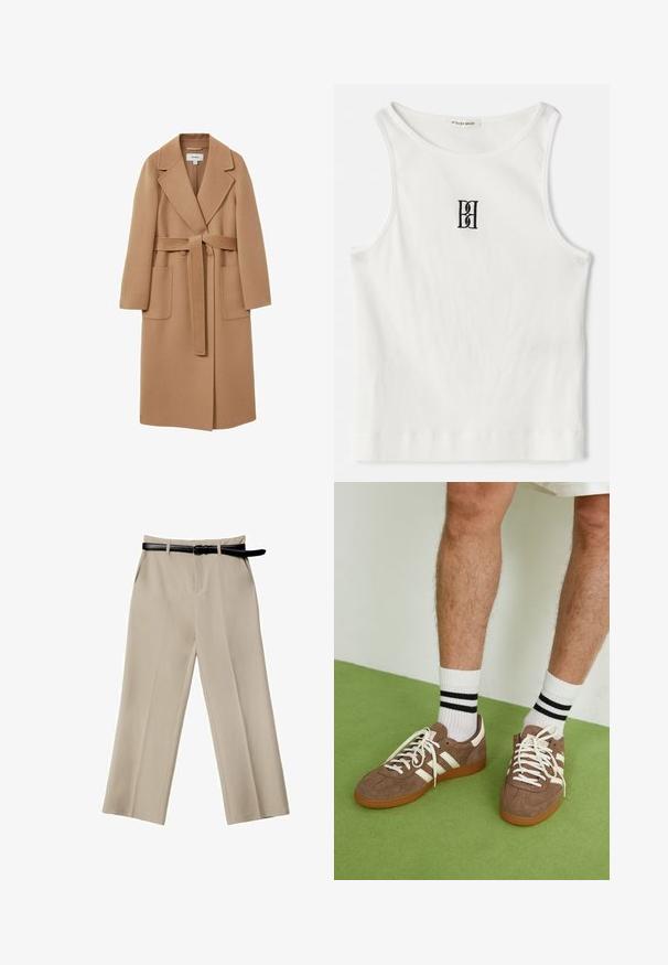 Dolga, kamel barve plašč iz mehkega blaga z pasom, širokimi reverji in dvema sprednjima žepoma. Gladka tekstura in krojen dizajn.; Bela rebrasta majica bez rukava s crnim izvezenim logotipom u središtu grudnog dela. Ovratnik i otvor za ruke su završeni suptilnim obradom.; Beige hlače širokega kroja z gladko teksturo, sprednjimi žepi in črnim usnjenim pasom. Oblikovan dizajn z izostrenimi pregibi.; Rjavi semiš športni čevlji z belimi detajli in vezalkami. Gumijast podplat. Nošeni z belimi nogavicami z črnimi črtami. Zelena teksturirana talna obloga.