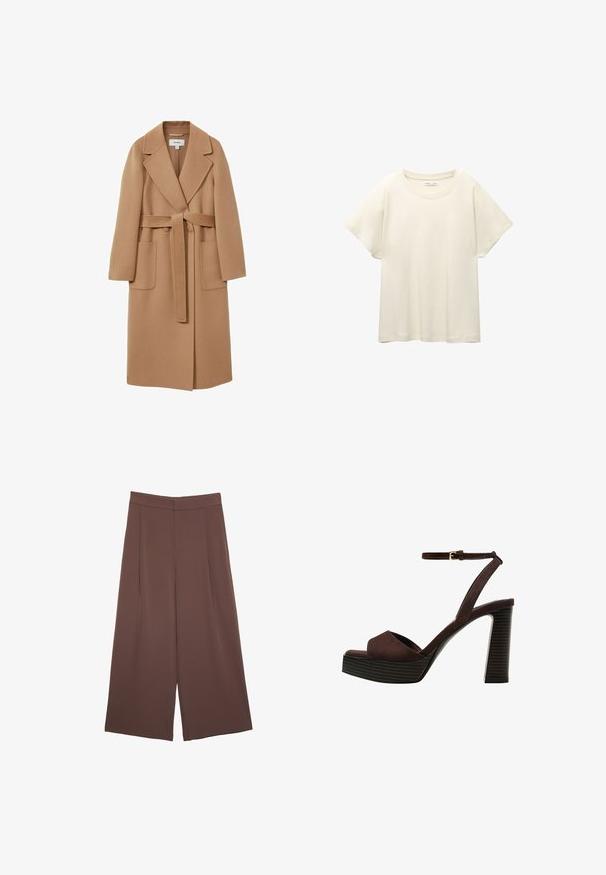 Langer, camel-farbener Mantel aus weichem Stoff mit tailliertem Bund, breitem Revers und zwei Taschen auf der Vorderseite. Glatte Textur und maßgeschneiderter Schnitt.; Helles beige T-Shirt mit kurzen Ärmeln und Rundhalsausschnitt, aus weichem, glattem Stoff gefertigt. Verfügt über eine lockere Passform und einen geraden Saum.; Braune Weite-Leg-Hosen mit einer glatten Textur, hoher Taille und Vorderfalten. Der Stoff ist leicht und fällt locker.; Braune Wildleder-Pumps mit offenem Zeh, verstellbarem Knöchelriemen und gestreiftem Plateausohlen.