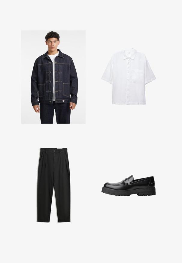 Ciemnoniebieska kurtka dżinsowa z zapięciem na guziki, dwoma kieszeniami na piersi i kontrastowymi, żółtymi szwami. Posiada klasyczny kołnierz i luźny krój.; Biała koszula z krótkim rękawem, z zapięciem na guziki z przodu, kołnierzykiem i jedną kieszenią na piersi. Wykonana z lekkiego materiału o gładkiej fakturze.; Czarne bawełniane spodnie o luźnym kroju, z klasycznym pasem, przednimi plisy oraz bocznymi kieszeniami. Gładka struktura, bez wzorów.; Czarne skórzane mokasyny z grubą, bieżnikowaną podeszwą i dekoracyjnym paskiem na górze, pokazane w lewym profilu na białym tle.