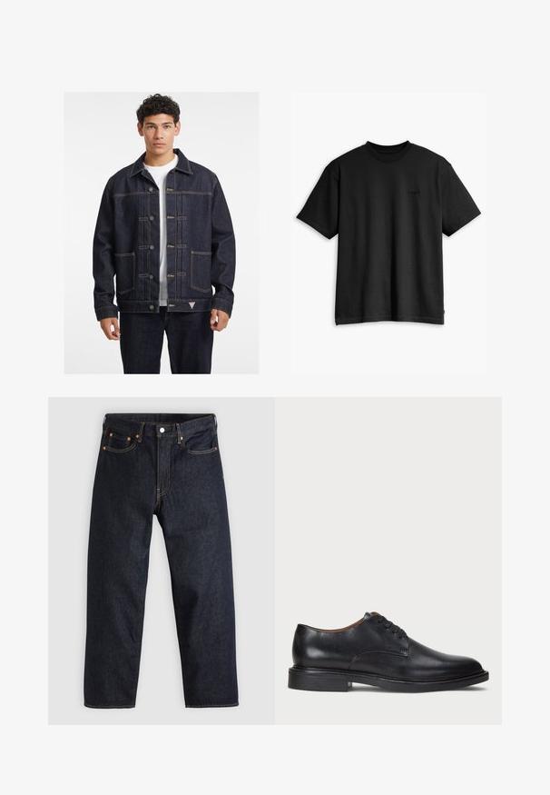 Tume sinine teksajakk, millel on nööpidega esipaneel, kaks rinna taskut ja kontrastne kollane õmblus. Omab klassikalist kraed ja vabalt langevat lõiget.; Must must-hallide t-särk, millel on ümmargune kaelus ja lühikesed varrukad. Esiküljel on tagasihoidlik logo ja sirge alläär. Lihtne ja minimalistlik kujundus.; Tumedad sinised teksad sirge lõikega, viie taskuga, kontrastsete oranžide õmblustega ja nööpide kinnitusega. Ilma nähtavate mustrite või kaunistusteta.; Must musta kleitjalats ümarate varvastega, paeltega disain ja madal virnastatud konts. Sile tekstuur minimaalsete õmblustega.