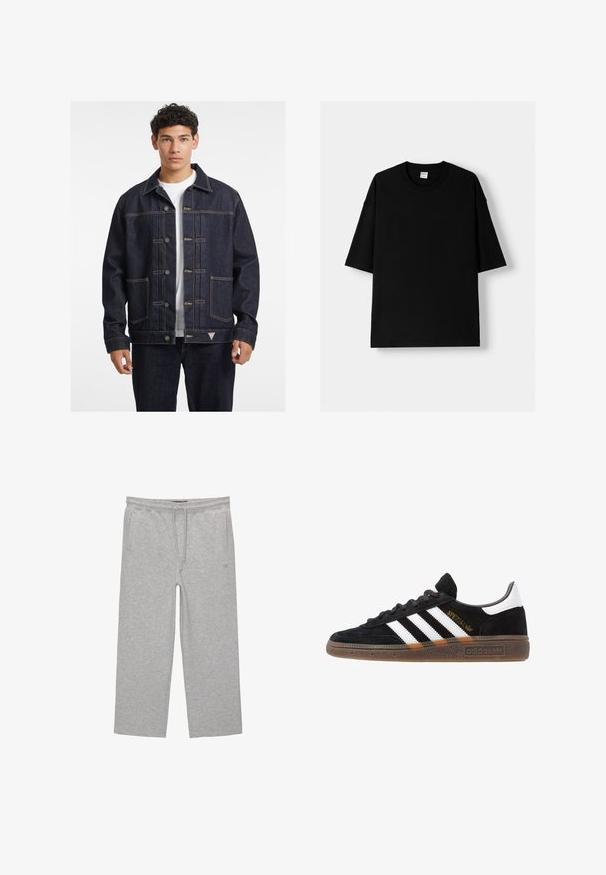 Donkerblauwe spijkerjas met een knoopsluiting aan de voorkant, twee borstzakken en contrasterende gele stiksels. Heeft een klassieke kraag en een losse pasvorm.; Zwarte katoen t-shirt met korte mouwen, ronde hals en een relaxte fit. Soepele textuur en minimalistisch ontwerp, geen patronen of accenten.; Grijze katoenen loungebroeken met een elastische tailleband, trekkoord en twee zijzakken; rechte pijpen, zachte textuur, zonder patronen.; Zwarte Adidas sneaker met witte strepen, gouden "Spezial" tekst, gumzool en witte hieltab, weergegeven in zijaanzicht.